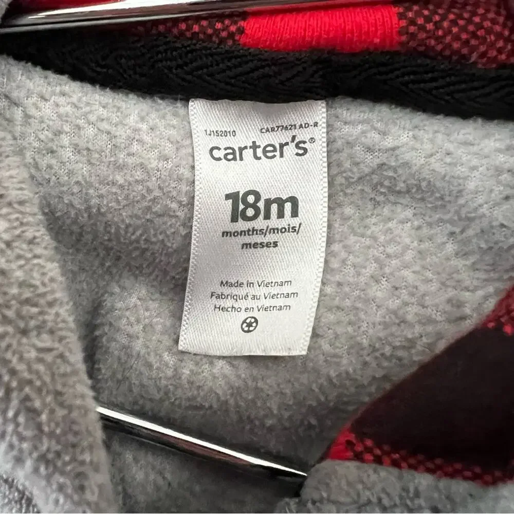 Carter’s Bear Buffalo Plaid Full Zip Hoodie Fleece Sweatshirt red black gray